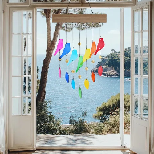 Miniatura 2 de Campanas de viento de vidrio coloridas para jardín y patio al aire libre - Campana de viento con diseño de pájaro hecha a mano, regalo perfecto