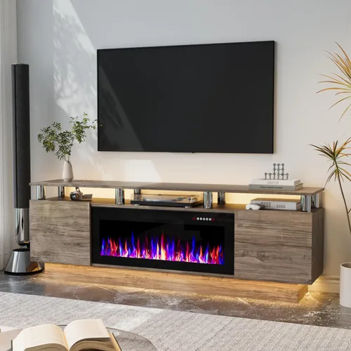 Miniatura 10 de Soporte de TV con chimenea de 36 pulgadas, soporte de TV negro de 70 pulgadas para sala de estar, moderno soporte de TV con chimenea eléctrica