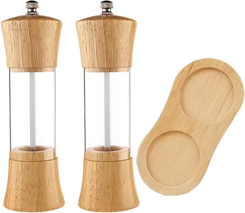 Miniatura 10 de Juego de molinillo de sal y pimienta, molinillo de pimienta de madera de acacia con grosor ajustable, molinillo de hoja de cerámica recargable