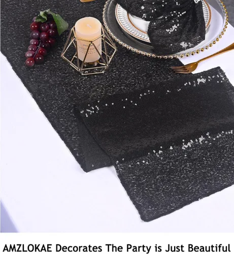 Miniatura 6 de AMZLOKAE Camino de mesa de lentejuelas, paquete de 2, camino de mesa negro de 12 x 120 pulgadas, para decoración de boda, rectangular, color negro
