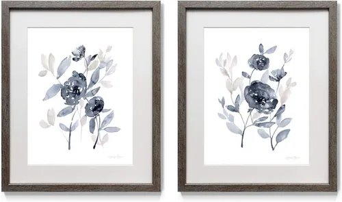 Miniatura 15 de Arte floral para pared, marco rústico de plata envejecida, juego de decoración de pared de 2 piezas: plumeria, caléndula, flores silvestres, Black