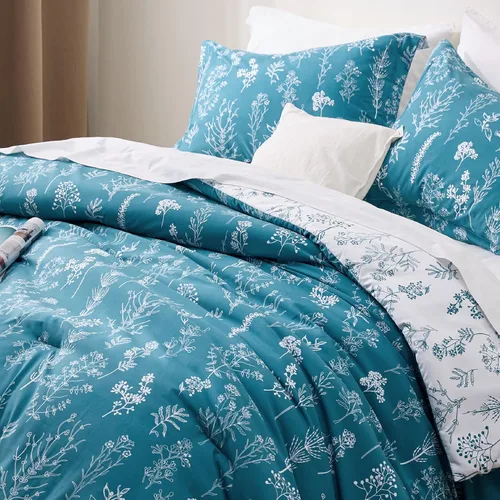 Miniatura 3 de Bedsure - Juego de edredón tamaño King, juego de ropa de cama azul teja, 3 piezas de ropa de cama floral bonita, 1 edredón reversible suave con 12