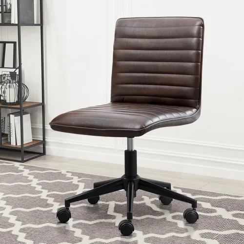 Miniatura 13 de Furniliving Silla de cuero para oficina en casa, silla de trabajo de escritorio sin brazos con ruedas, silla giratoria de 360° para computadora