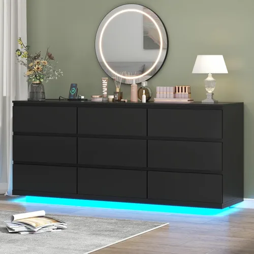 Gyfimoie - Cómoda de 9 cajones con toma de corriente, cómoda flotante blanca con luz LED, gabinete organizador de cajones doble ancho moderno para