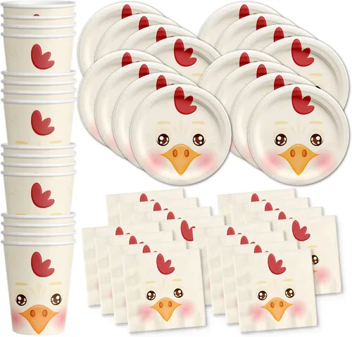 Juego de suministros de fiesta de cumpleaños de pollo, platos, servilletas, tazas, kit de vajilla para 16