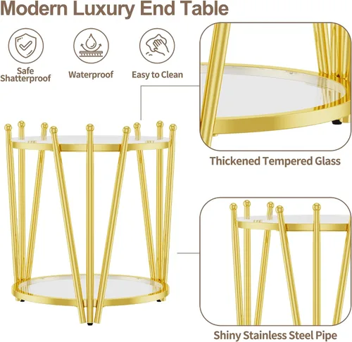 Miniatura 5 de Mesa auxiliar redonda de vidrio dorado de 19.7 pulgadas para sala de estar, diseño moderno de corona de lujo, patas de acero inoxidable con diseño