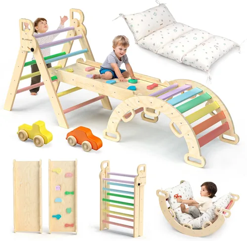 Miniatura 12 de BlueWood Conjunto de Triángulo Pikler con Cojín, Juguetes de Escalada 8 en 1 para Niños Pequeños, Gimnasio de Juegos de Filosofía Montessori