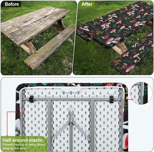 Miniatura 6 de Mantel de mesa de picnic con fundas de banco de 6 pies, 3 piezas, impermeable, resistente al viento, mantel de camping estético con bolsa