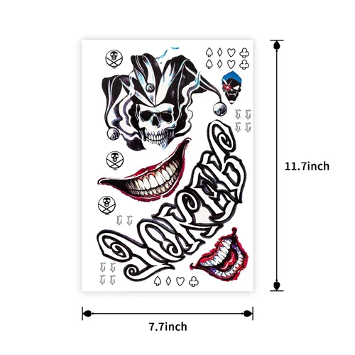 Miniatura 2 de 4 hojas de tatuajes de Joker, basuwu de tamaño grande, impermeables, para Halloween, todas las versiones, se ven reales y duran mucho tiempo, 4 pzas