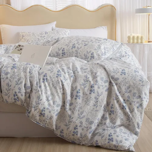 Miniatura 2 de Juego de funda de edredón blanca con estampado floral azul, juego de ropa de cama de algodón suave estilo bohemio, juego de ropa de cama estética