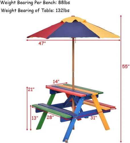 Miniatura 6 de HAPPYGRILL Juego de mesa de picnic para niños Mesa para niños con paraguas