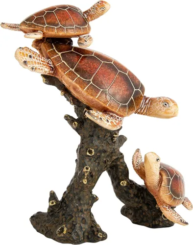 Miniatura 15 de Estatua de tortuga marina triples nadando sobre base de arrecife de coral, figura de polystone inspirada en el océano para decoración del hogar Azul