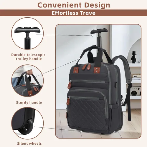 Miniatura 6 de Mochila con ruedas, mochila de viaje con ruedas, aprobada por vuelo, antirrobo, para laptop de 15.7 pulgadas, con puerto USB para hombres y mujeres
