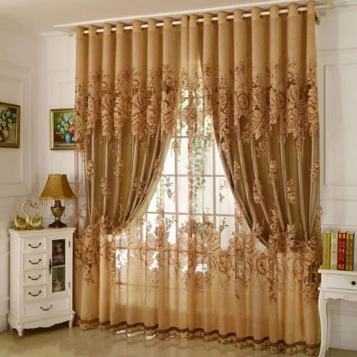 Amidoudou Cortinas Europeas de Doble Capa - Cortinas de Lujo de Flores de Peonía para Sala de Estar y Dormitorio (Oro, 54x96 Pulgadas)