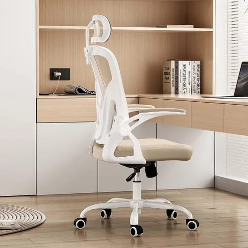 Miniatura 14 de Silla de oficina ergonómica con soporte lumbar ajustable y reposacabezas, silla de escritorio de malla de respaldo alto con reposabrazos abatibles