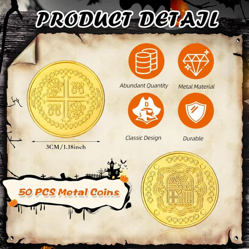 Miniatura 2 de Hanaive 50 monedas de metal del tesoro, monedas piratas de metal, fichas de juego de monedas de oro falsas, doblón español, fichas del tesoro
