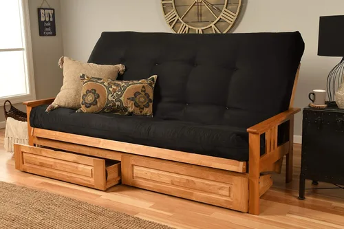 Kodiak Furniture Monterey - Futón tamaño Queen, cajones de almacenamiento, acabado de nuez con colchón negro de gamuza