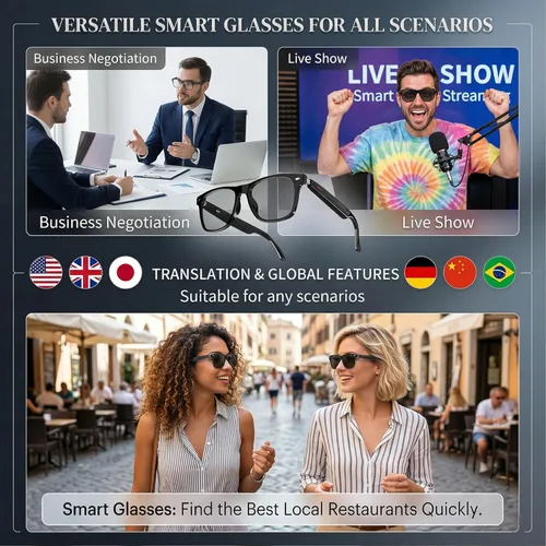 Miniatura 3 de Lentes de traducción inteligente AI, traductor de voz en 164 idiomas, gafas Bluetooth de oreja abierta con altavoces, lentes fotocrómicas, batería