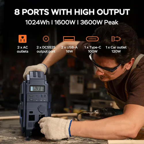 Miniatura 4 de BLAVOR Estación de energía portátil de 1600 W (pico 3200 W), panel solar integrado, batería LiFePO4 de 1024 Wh, carga rápida USB-C de 100 W