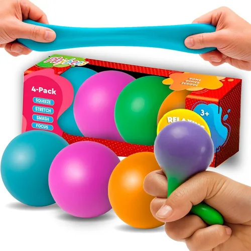 Playbees Pelotas antiestrés para tirar, estirar y apretar – 4 bolas – Pelotas sensoriales elásticas para aliviar el estrés y la ansiedad – Juguetes
