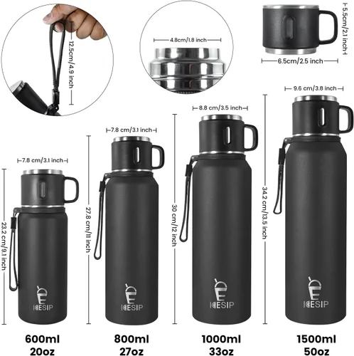Miniatura 2 de Botella aislada de acero inoxidable, 20 onzas con taza, botella de agua aislada al vacío, termo para bebidas calientes/bebidas frías, viaje con Verde