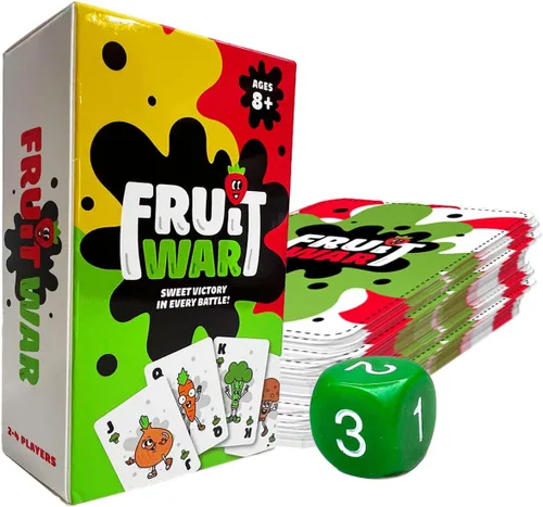 Juegos Fruit War, un juego familiar que es un giro en el clásico juego de cartas de guerra, con juego más rápido, batallas intensas y personajes