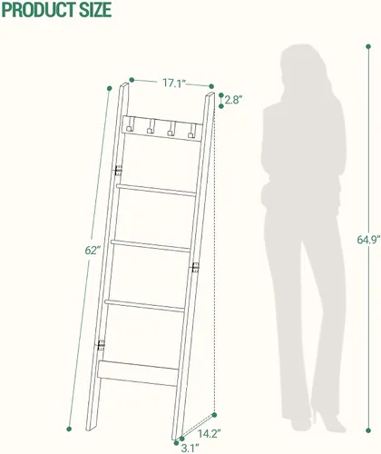Miniatura 2 de Hzuaneri Escalera para manta para sala de estar, estante decorativo para edredón con 4 ganchos extraíbles, 5 niveles de soporte de escalera de Negro