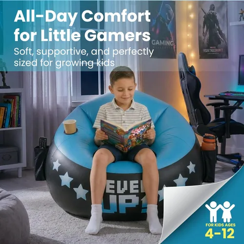 Miniatura 6 de Silla de Gaming Inflable para Niños – Soporta Hasta 300 libras, Incluye Bomba de Aire, Portavasos, 2 Bolsillos – Asiento de Puf de Gaming Duradero
