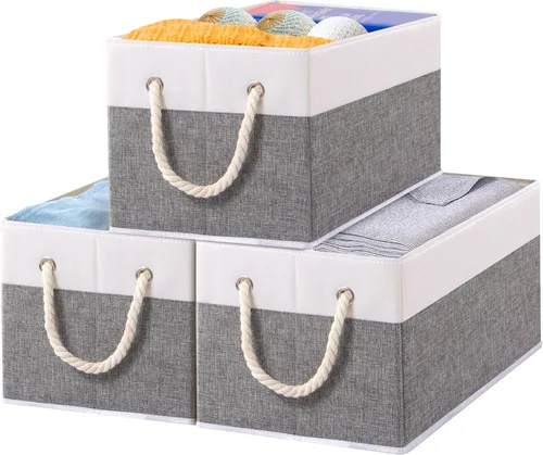 Miniatura 11 de Yawinhe Paquete de 3 cubos plegables de almacenamiento de tela, cubos plegables con asa de cuerda, organizadores grandes de armario para estantes