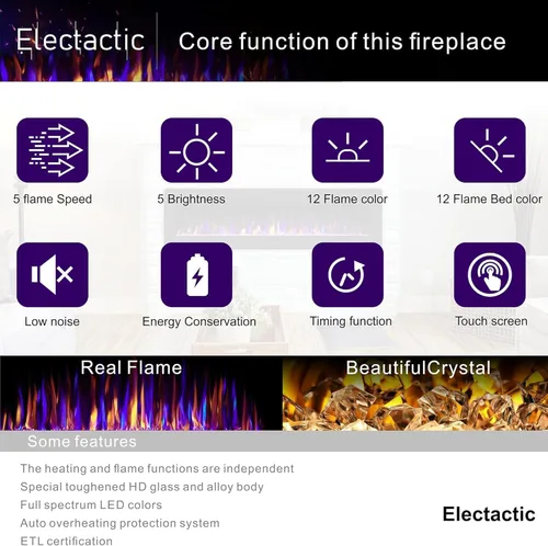 Miniatura 5 de Electactic - Chimenea eléctrica de 50 pulgadas ultradelgada - Chimenea insertada y montada en la pared con termostato, llama ajustable, control