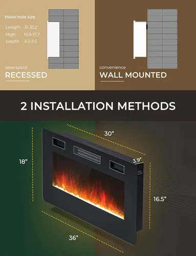 Miniatura 4 de RELAX4LIFE Chimeneas eléctricas empotradas y montadas en la pared de 36 pulgadas, insertos de chimenea eléctrica con control remoto, temporizador