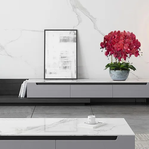 Miniatura 6 de FagusHome Phalaenopsis - 6 piezas de flores artificiales de orquídea con 4 paquetes de hojas, plantas con tallo para decoración del hogar (rojo)