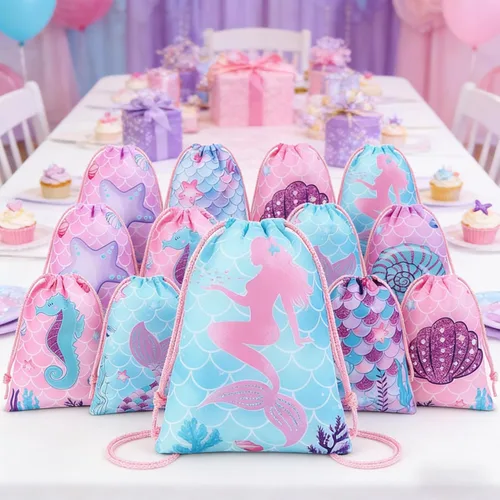 Miniatura 6 de Clabby 16 mochilas con cordón de sirena a granel, bolsas de regalo de dulces, bolsas de golosinas para cumpleaños bajo el mar, decoración temática
