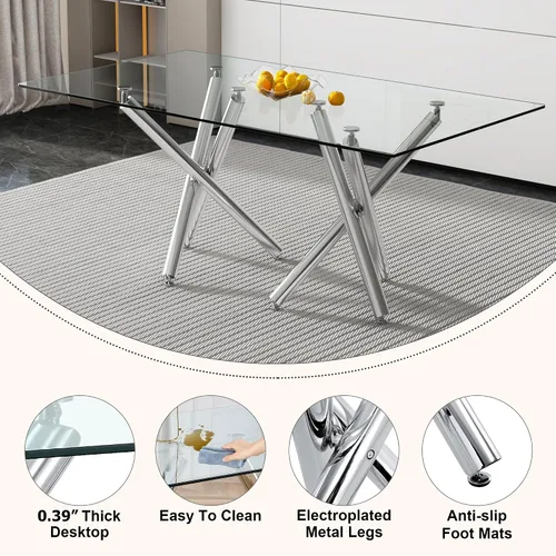 Miniatura 4 de Juego de 6 mesas de comedor de cristal, moderno juego de mesa de comedor de vidrio templado rectangular transparente de 71 pulgadas y 6 sillas