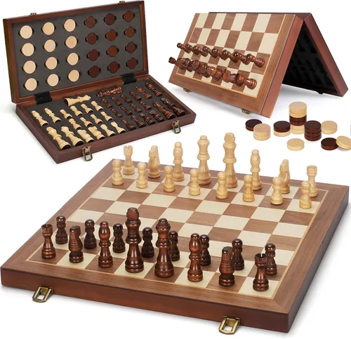 Juego de ajedrez magnético 2 en 1 y juego de mesa de damas, tablero de ajedrez plegable de madera de 15 pulgadas con 2 reinas adicionales, juego de