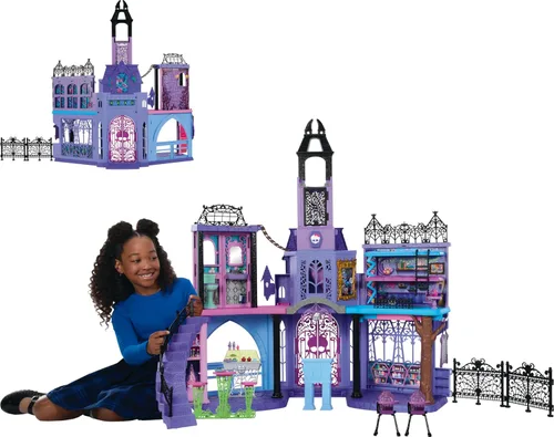 Monster High Casa de muñecas, juego de escuela secundaria embrujada con 7 áreas de juego y más de 35 piezas de narración de historias, incluyendo