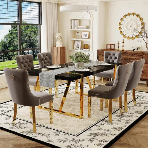 Miniatura 7 de Juego de mesa de comedor negra para 4, parte superior negra brillante de 55 pulgadas con patas de metal dorado, juego de mesa de comedor moderno