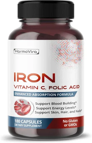 Hierro liposomal con vitamina C, ácido fólico, B12, B6, B1 - Apoya la energía y la formación de glóbulos rojos - Fórmula suave - 180 cápsulas - Sin