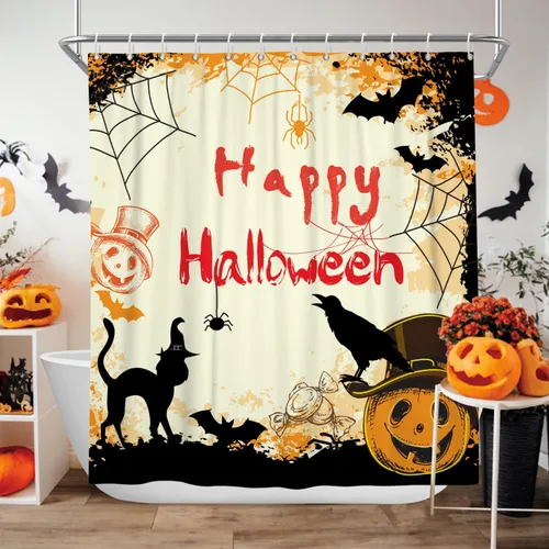 Miniatura 10 de Cortina de ducha de Halloween, cortinas de ducha de calabaza aterradora para baño, casa cazada de brujas, cortina de baño, cortina de baño