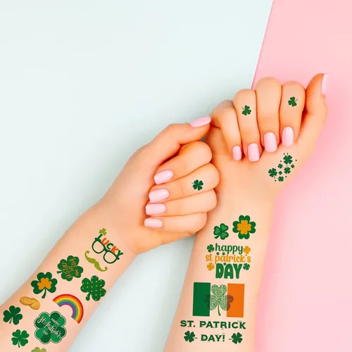 Miniatura 6 de Zeecdatoo 23 hojas grandes de accesorios de tatuajes para el día de San Patricio, más de 100 piezas de tatuajes temporales de trébol de la suerte