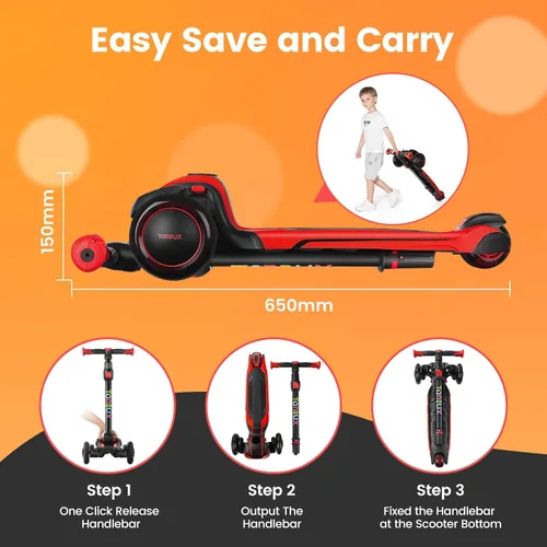 Miniatura 7 de TONBUX Patinete para niños de 3 a 12 años, patinete para niños pequeños con 4 alturas ajustables, patinete de 3 ruedas con luces, diseño de Rojo