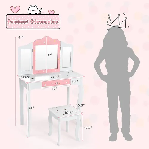 Miniatura 7 de Costzon Juego de tocador para niños con espejo, tocador de maquillaje de princesa 2 en 1 con parte superior desmontable, tocador para niñas pequeñas