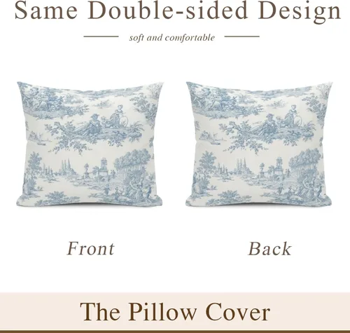 Miniatura 2 de Blue Toile - Juego de 2 fundas de almohada estilo rústico francés, fundas de almohada vintage de 18 x 18 pulgadas, para sofá, sala de estar