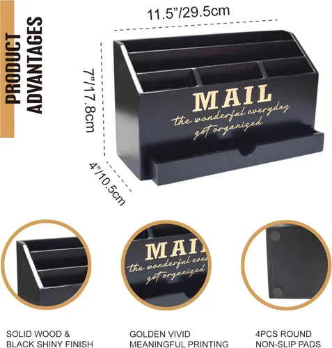 Miniatura 2 de EXQUIDECA Soporte rústico negro de madera para almacenamiento de correo de encimera con cajón y compartimentos - Accesorios de escritorio de oficina