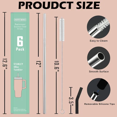 Miniatura 2 de 6 popotes rectos reutilizables de acero inoxidable de 12 pulgadas, con 6 puntas flexibles de silicona y 2 cepillos de limpieza, para vaso Stanley
