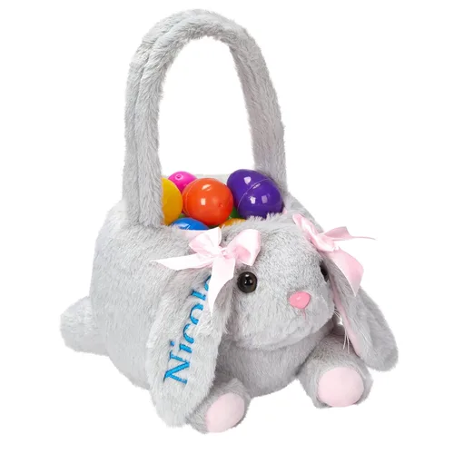 Cesta personalizada de conejo de Pascua de 15 pulgadas con nombre bordado, cesta de caza de huevos de Pascua de felpa para regalos de decoración de