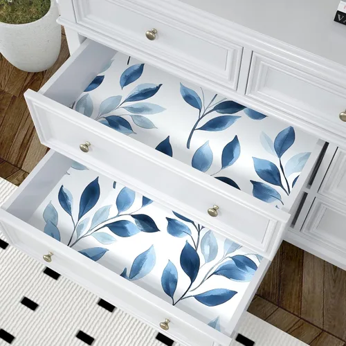 Miniatura 6 de Papel Tapiz Despegable de Hojas Azules Boho, Diseño de Hojas Azules Moderno Vinilo Autoadhesivo Papel de Contacto Casual Estilo Granja para Cajón