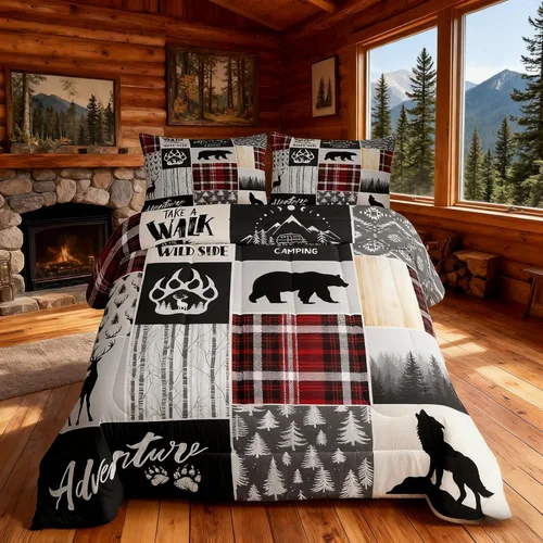 Miniatura 18 de Juego de edredón de cuernos de ciervo tamaño individual, juego de ropa de cama rústica de granja con huellas de oso y pinos para decoración