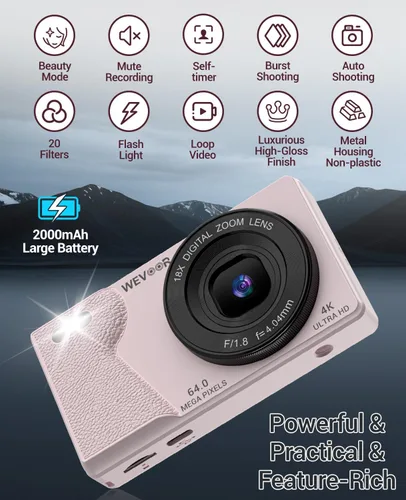 Miniatura 5 de Cámara digital 4K para fotografía: cámara de enfoque automático de 64 MP con doble lente, zoom digital 18X, cámara de punto y disparo pequeño