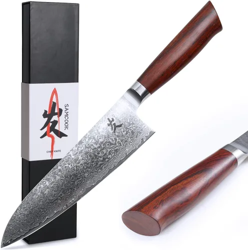 Miniatura 10 de SAMCOOK Cuchillo de chef de damasco - Cuchillo Gyuto profesional de 8 pulgadas y afilado - Cuchillo de cocina japonés de acero inoxidable VG-10